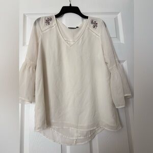 Cream Embroidered V-Neck Blouse with Bell Sleeves